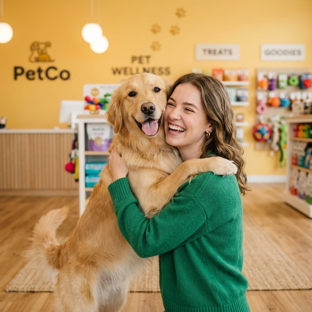 Happy pet owner with golden retriever